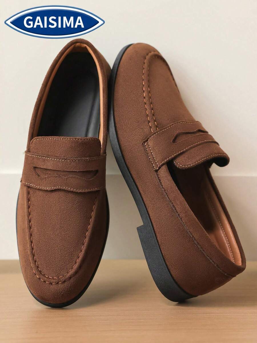 GAISIMA Sepatu Loafer Pria Bahan Suede Warna Polos, Sepatu Slip-On Datar Minimalis, Sepatu Kasual untuk Aktivitas Luar Ruangan di Musim Semi dan Gugur - Coklat - View 1