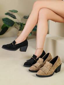 Autumn/Winter New Pointed Toe Tassel Rivet Decor Chunky Heel Loafers For Women, Versatile For Daily Commute, Party, Date - Black - View 7