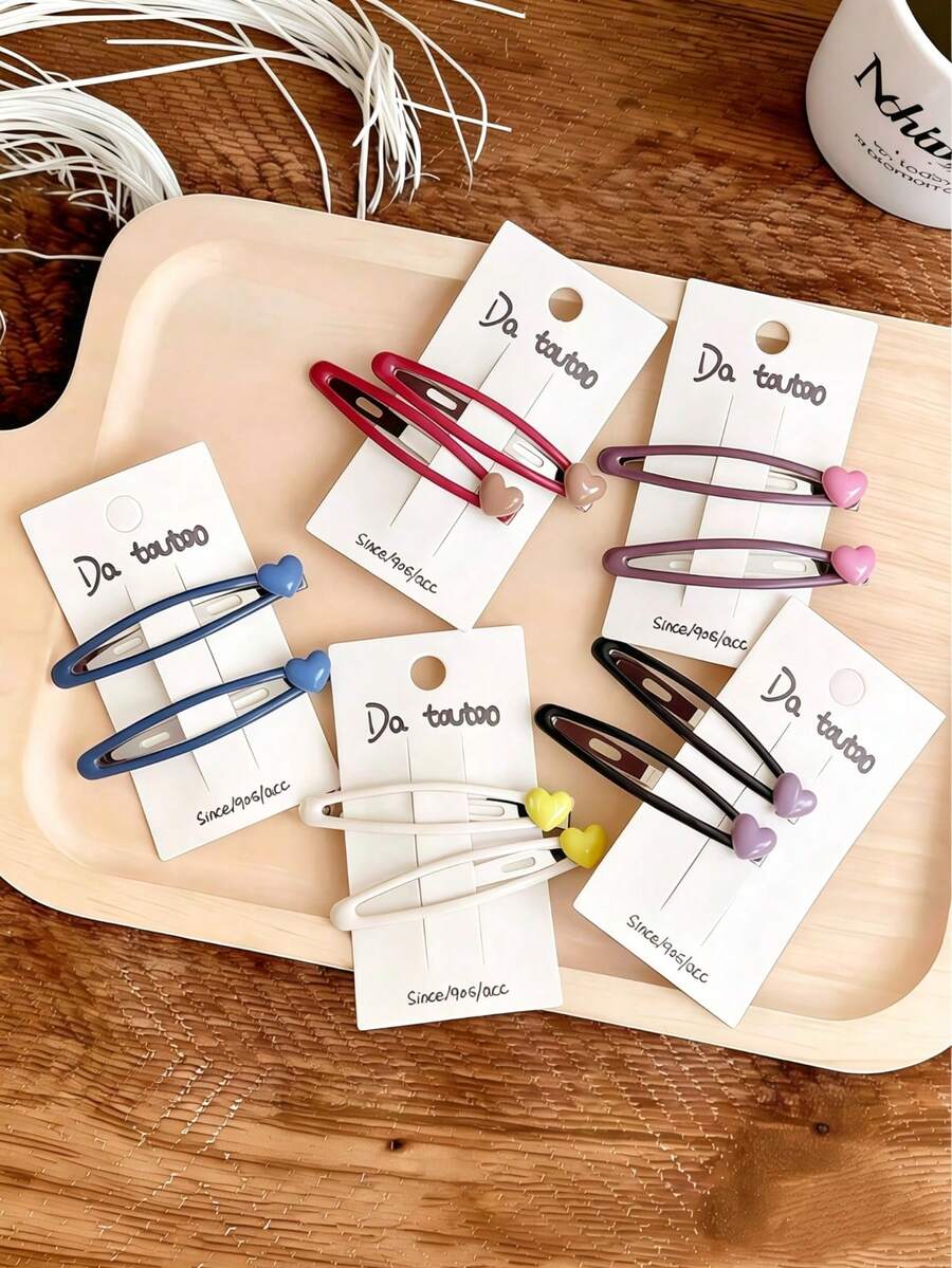 8件組可愛純色愛心裝飾BB髮夾,甜美日常極簡風女孩髮飾套組 - 彩色 - 查看 1