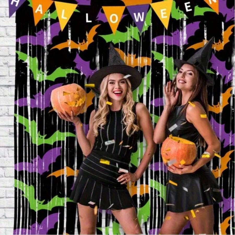 3pcs 3.3 X 6.6ft Black Orange Purple Indoor Photo Background Tassels For Halloween Party And Birthday Party Decoration - Multicolor - View 1
