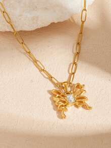 1pc Fashion Versatile Hollow Out Diamond Set Butterfly Insect Pendant Gold Plated Stainless Steel Jewelry Necklace - Gold - View 3