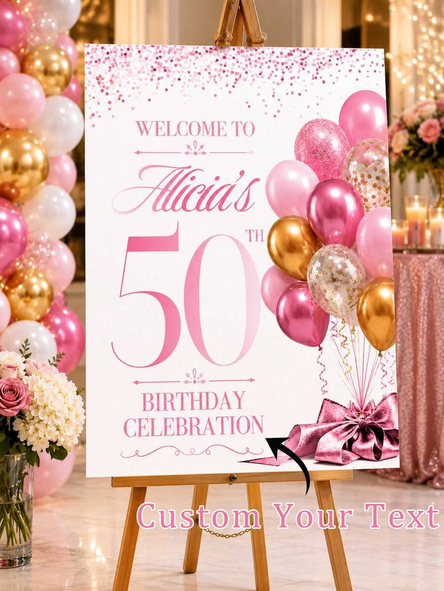 Custom Pink Birthday Party Display Board, Personalized Poster; Customizable Text Event Welcome Party Board; Balloon And Bow Decor Foam Board; Luxury Birthday Photo Prop Display Board (Stand Not Included) - Multicolor - View 1