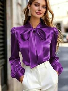 Women's Satin Texture Tie Collar Blouse With Oversized Bow, Long Regular Sleeves, Button Front Woven Shirt, Suitable For Autumn Work Wear - Purple - View 8