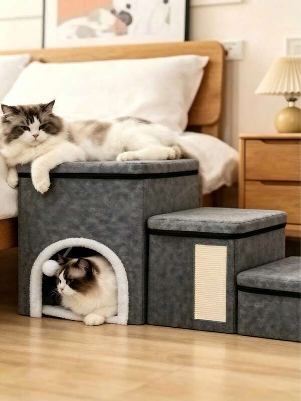 Dog Stairs, 3-Tier Pet Steps With Storage, Foldable Ramp Stairs For Elderly Cats, Comes With Matching Cat Bed And Scratching Pad, Portable Pet Ladder Suitable For Tall Beds, Sofas, Chairs And Cars