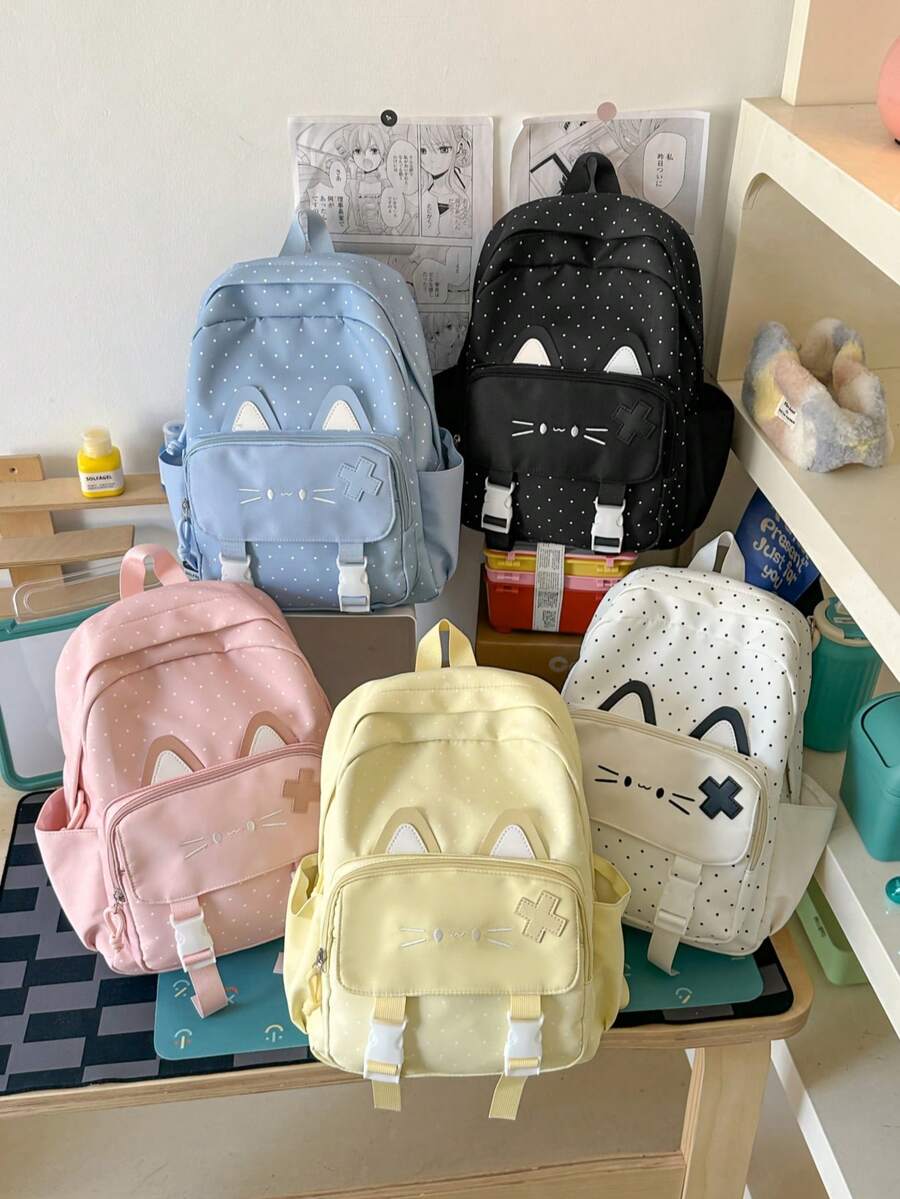 Cute Cat Shaped Backpack, Girls Casual Outing Shopping Travel Small Backpack, Middle School High School College Student School Bag, Large Capacity Lightweight Daily Commute Backpack, Adorable Cartoon Pattern Student Backpack, Multiple Colors Available Pink Yellow Blue Black White