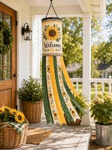 1pc Sunflower Welcome Wind Vane, Farmhouse Style Polyester Hanging Wind Chime With Cylindrical Top, Yellow-Green Long Tassel Tail, Floral Heart Print, Suitable For Porch, Patio, Balcony, Garden, Yard, Front Door, Summer & Autumn Home Decor - A - View 3