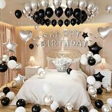 Silver Birthday Letter Balloons Set, With Silver Crown And Heart Foil Balloons, Black Latex Balloons Design, Suitable For Birthday Party, Wedding Decoration, Proposal, Anniversary, Indoor Decoration - Multicolor - View 1