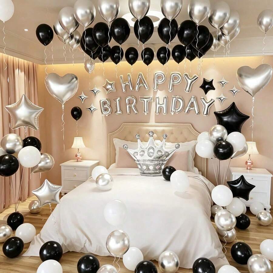 Silver Birthday Letter Balloons Set, With Silver Crown And Heart Foil Balloons, Black Latex Balloons Design, Suitable For Birthday Party, Wedding Decoration, Proposal, Anniversary, Indoor Decoration - Multicolor - View 1