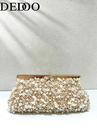 Women Evening Clutch Bag, Rectangular Hard Frame Purse, Sequin Pearl Mesh Pattern, Elegant Bridal Handbag For Wedding Prom Formal Party