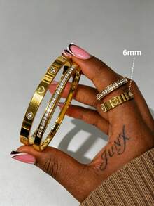 4pcs Stainless Steel Inlaid Shell Plated Gold Bracelet & Ring Set, Waterproof & Fade-Resistant, Suitable For Women's Daily Wear, Holiday Gift - SGS510 Gold - View 6
