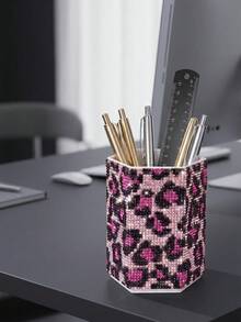 Rhinestone Leopard Print Hexagonal Makeup Brush Holder, Large Capacity, Surface Inlaid With Colorful Rhinestones, Luxury Sparkling Style, Full Rhinestone Pattern, Hexagonal Column Shape, Neat Edge Details, Makeup Tool Container, Suitable For Bedroom Vanity, Makeup Room Desktop And Other Scenes - Multicolor - View 6