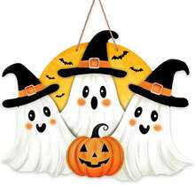1 pieza Letrero de puerta delantera de fantasma espeluznante de Halloween, colgante de madera con linterna, calabaza y luna para decoración exterior del porche del hogar, corona de madera con murciélagos divertidos para decoración de pared interior - multicolor - Ver 7