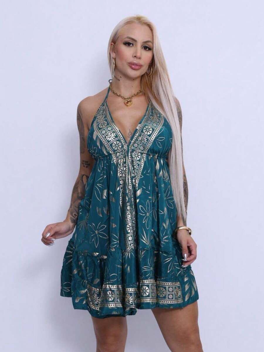 Short Dress Costs Nude - Dark Green - View 1
