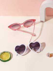 1 Set 2pcs Unisex Kids 3-8 Years Old, Mixed Color Glitter Cat Eye & Solid Color Heart Shape, Plastic Material, Dual-Tone Gradient Lens Glasses, Spring Travel Party Style - Multicolor - View 5
