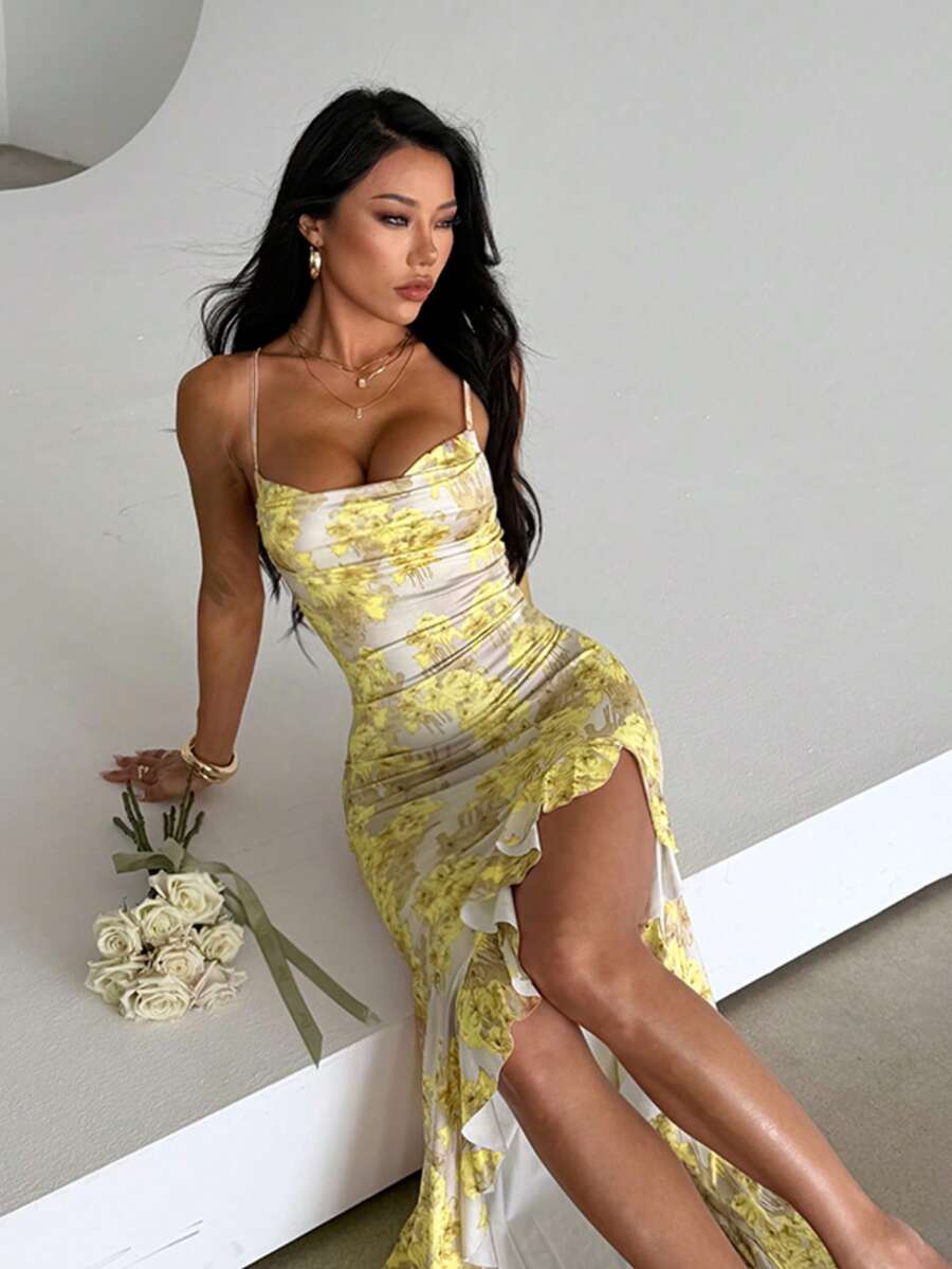 Women's Summer Yellow Spaghetti Strap Printed Ruffle Hem Vacation Dress, Suitable For Beach Holiday, Party