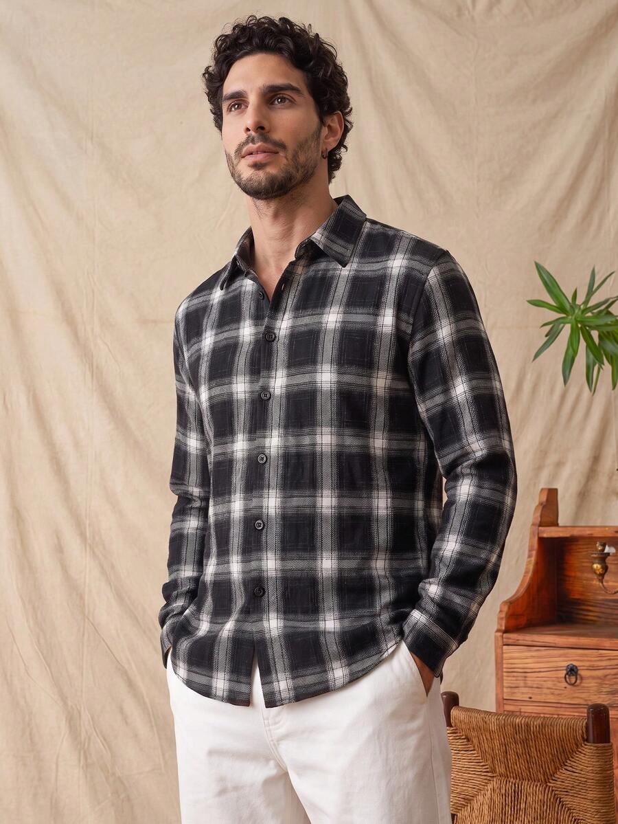 glestore Men's Retro-Style Casual Black-And-White Checkered Long-Sleeve Shirt-Perfect For All Seasons, Casual And Stylish - Black and White - View 1