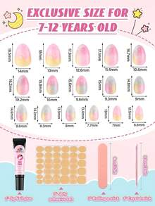 32件組兒童可穿戴美甲套組，全尺寸杏仁形人造指甲，適合8-12歲女孩美甲裝飾 - 彩色 - 查看 2