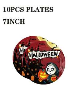 Juego de 50 piezas de vajilla desechable para Halloween, platos de papel, vasos y servilletas con estampado de casa embrujada, calabaza, murciélago y Trick or Treat, tema clásico de Halloween naranja, suministros para fiesta infantil, elementos esenciales para la decoración de la mesa de cena familiar de Halloween - Multicolor - Ver 2