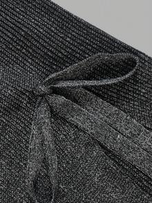 Silver Black Ribbed Long Knit Base Layer Top, Round Neck, Side Tie-Up Slit, Ruffle Long Sleeve, Slim Fit, Flattering, Inner Layer For Trench Coat/Bla - Black - View 5