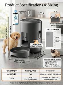 PETSIN 2L/67.64oz 自动猫喂食器，智能宠物喂食器，双频 2.4G WiFi 自动狗喂食器，带应用程序控制的圆形自动宠物食品分配器，USB 供电（不含适配器），迷你遥控猫狗食品分配器，用于每日定时喂食 - 彩色 - 查看 4