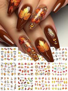 12 Designs Maple Leaf Pine Cone Design Water Transfer Nail Stickers Sliders Little Squirrel Cute Cartoon Watermark Nail Decals DIY Manicure Decoration - Multicolor - View 3