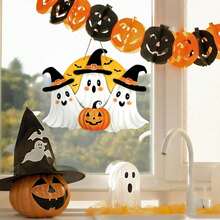 1 pieza Letrero de puerta delantera de fantasma espeluznante de Halloween, colgante de madera con linterna, calabaza y luna para decoración exterior del porche del hogar, corona de madera con murciélagos divertidos para decoración de pared interior - multicolor - Ver 5