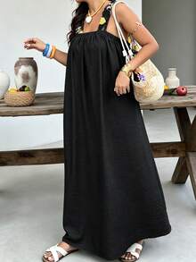 Plus Size Women's Spring/Summer Lemon Print Contrast Color Shoulder Strap Backless Casual Vacation Dress - Black - View 6