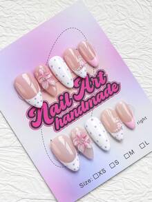10pcs Handmade Almond Shaped Fake Nails, Y2K Style Press-On Nails, White & Purple Polka Dot French Tip, 3D Embossed White & Pink Flower Decor With Pearl Accessories, Minimalist Elegant For Party, Prom, Daily Wear, Comes With Tool Kit, Perfect Gift For Women And Girls - Multicolor - View 3