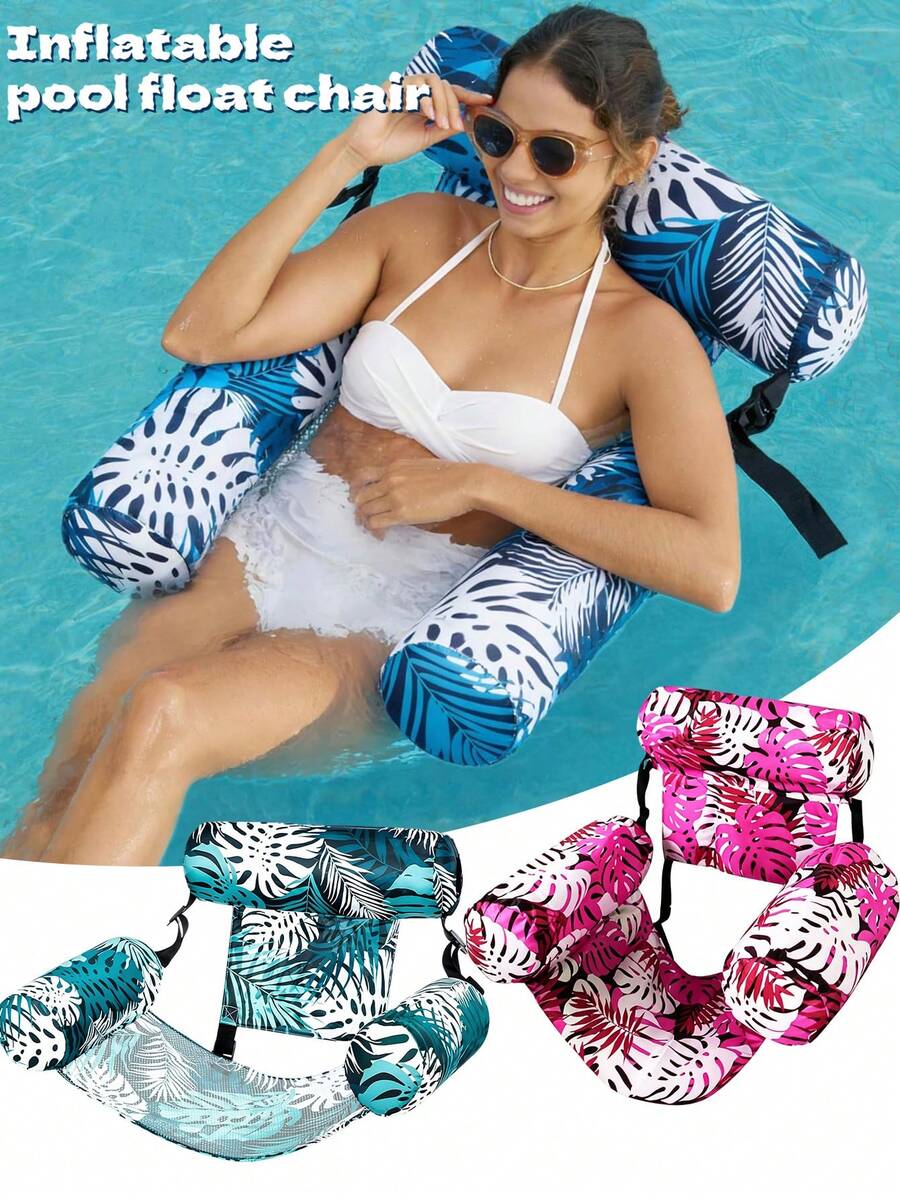 Tropical Leaf Print Inflatable Water Hammock Floating Chair, Ergonomic Mesh Floating Lounge Chair With Adjustable Headrest Pool Float, Suitable For Beach, Lake, Summer Water Relaxation - Multicolor - View 1