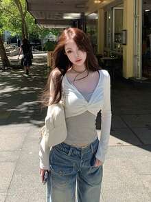 2-In-1 Knot Design Striped Long Sleeve T-Shirt Contrast Color Knit Top Casual White - White - View 4