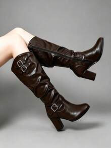 Women's Brown Round Toe Chunky High Heel Fashion Tall Boots, Solid Color Western Style With Buckle, Suitable For Vacation, Office, Autumn/Winter - Rust Brown - View 1