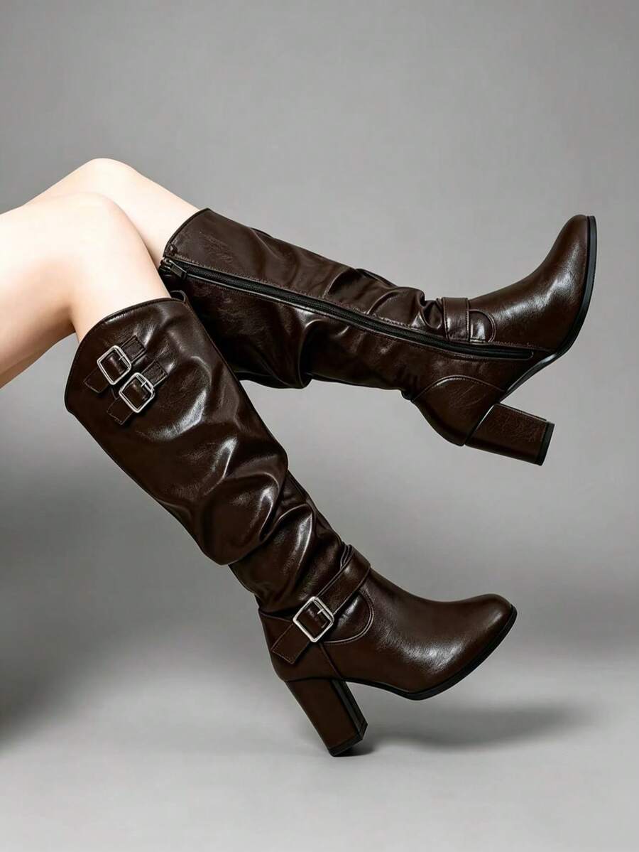 Women's Brown Round Toe Chunky High Heel Fashion Tall Boots, Solid Color Western Style With Buckle, Suitable For Vacation, Office, Autumn/Winter - Rust Brown - View 1