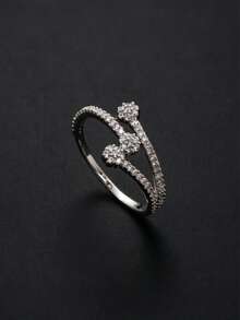 1pc 3-Flower Design Cubic Zirconia Encrusted Ring, Fashionable & Versatile, Suitable For Wedding, Engagement, Daily Wear, Gift Choice, Saudi National Day Promotion, Saudi Arabia Commemorative Jewelry, Halloween, Christmas - Silver - View 1