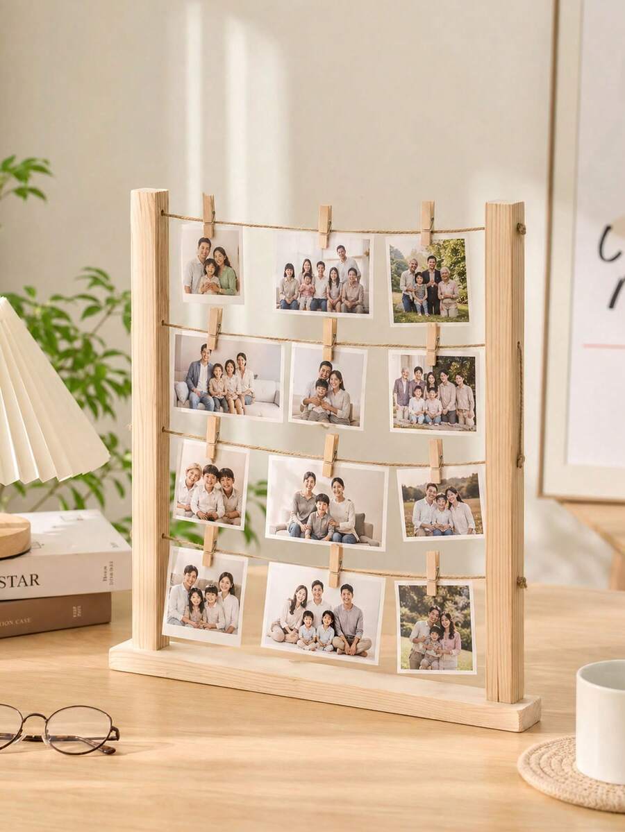 1 Set Vintage Wooden Photo Rack With Clips, Perfect For Family Photos; Ideal For Bedroom Bedside Table Or Desktop Decorations To Store Family Memories. - Wood Color - View 1