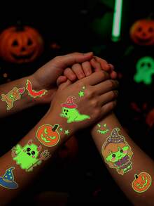 12pcs Halloween Glow-In-The-Dark Temporary Tattoo Stickers, Cute Cartoon & Scary Designs, Waterproof Face And Body Decals For Halloween Family Party, Cosplay, Face And Body Decoration - Multicolor - View 4