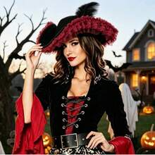 2pcs Halloween Women's Costume Shawls, Little Red Riding Hood Lace Patchwork Hooded Capes, Carnival Christmas Party, Festival Performance Props - Multicolor - View 2