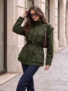 Women Fall Faux Suede Field Jacket, Stand Collar Drawstring Waist Multi‑Pocket Long Sleeve Utility Outerwear Coat - Army Green - View 5