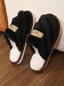 Women's Thick Striped Letter Plush Slippers, Winter Indoor Warm Slip-On House Shoes, Couple Shoes - Black - View 2