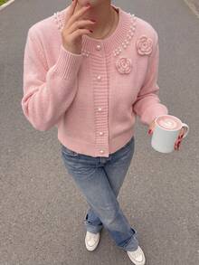 Fall Winter Women Pink Crew Neck 3D Flowers Knit Cardigan Xmas New Year Sweet Button Long Sleeve Jacket - Pink - View 4