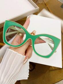 1PC Women's Retro Cat Eye Contrast Color Y2K Sweet Cool Style Fashion Street Plain Lens Glasses Frame - Clear - View 14