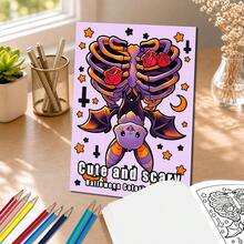 GDTME Livre de coloriage pour adultes Mignon & Effrayant, A4 24 pages, gribouillis amusants mignons et effrayants, DIY, fête de coloriage, esthétique gothique, relaxant pour l'esprit et le corps, convient aux filles et aux garçons, cadeau d'Halloween, rentrée scolaire, Noël, carnaval, papeterie - Mignon et effrayant - Voir 1