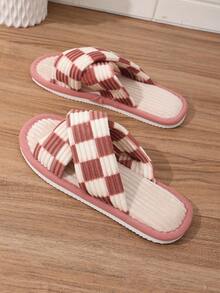 Classic Plaid Thick Stripe Criss-Cross Open Toe Plush Slippers For Women, Indoor Home Living Room Fashion Gift Slippers, Comfortable Breathable All-Season, Multiple Colors Available - Pink - View 10