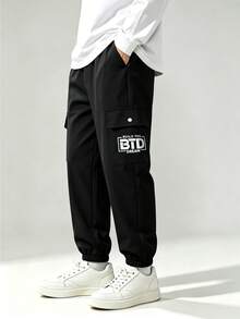 Boys' Spring/Summer Solid Color Cargo Jogger Pants, Khaki/Black, Durable Drape Fabric With Letter Print And Cargo Pockets, Multi-Color Options, Versatile Streetwear For Daily Outings, School Activities, And Outdoor Leisure - Multicolor - View 5
