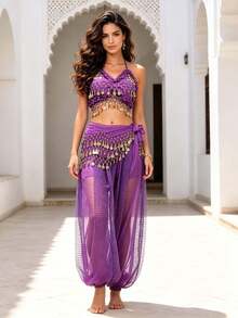 Belly Dance Tassel Coin Sequin Halter Neck Crop Top With Waist Scarf, Polka Dot Mesh Sheer Harem Pants, Suitable For Morocco Riad Vacation And Stage Performance - Multicolor - View 13