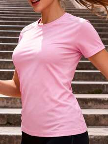 女款夏季快乾運動短袖T恤，透氣吸濕，圓領修身瑜伽跑步健身上衣 - 淺粉色 - 查看 3
