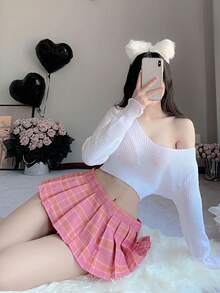 1套（毛衣*1 + 迷你裙*1）學生JK格紋超短裙低領毛衣套裝百褶裙Cosplay - 白色 - 查看 2