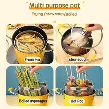 3L Cute Yellow Deep Frying Pot Set With Stainless Steel Fry Basket & Glass Lid, Non-Stick Small Multi-Functional Cookware With Heat Resistant Handles, Mini Deep Fryer Pot For Fried Chicken French Fries Noodles Soup Home Kitchen Use - A - View 5