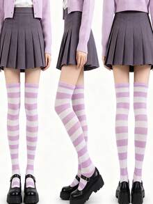 6/1 Pair Women's Striped Multicolor Cute Casual JK School Style Over-The-Knee Long Socks - Multicolor - View 5