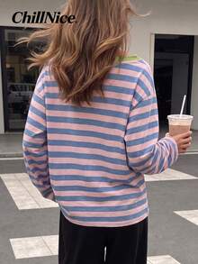 Women Fall Elegant Off‑Shoulder Long Sleeve Top, Color Block Stripe Loose Casual Blouse For Holiday Festival - Multicolor - View 2