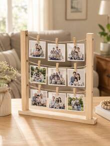 1 Set Vintage Wooden Photo Rack With Clips, Perfect For Family Photos; Ideal For Bedroom Bedside Table Or Desktop Decorations To Store Family Memories. - Wood Color - View 2